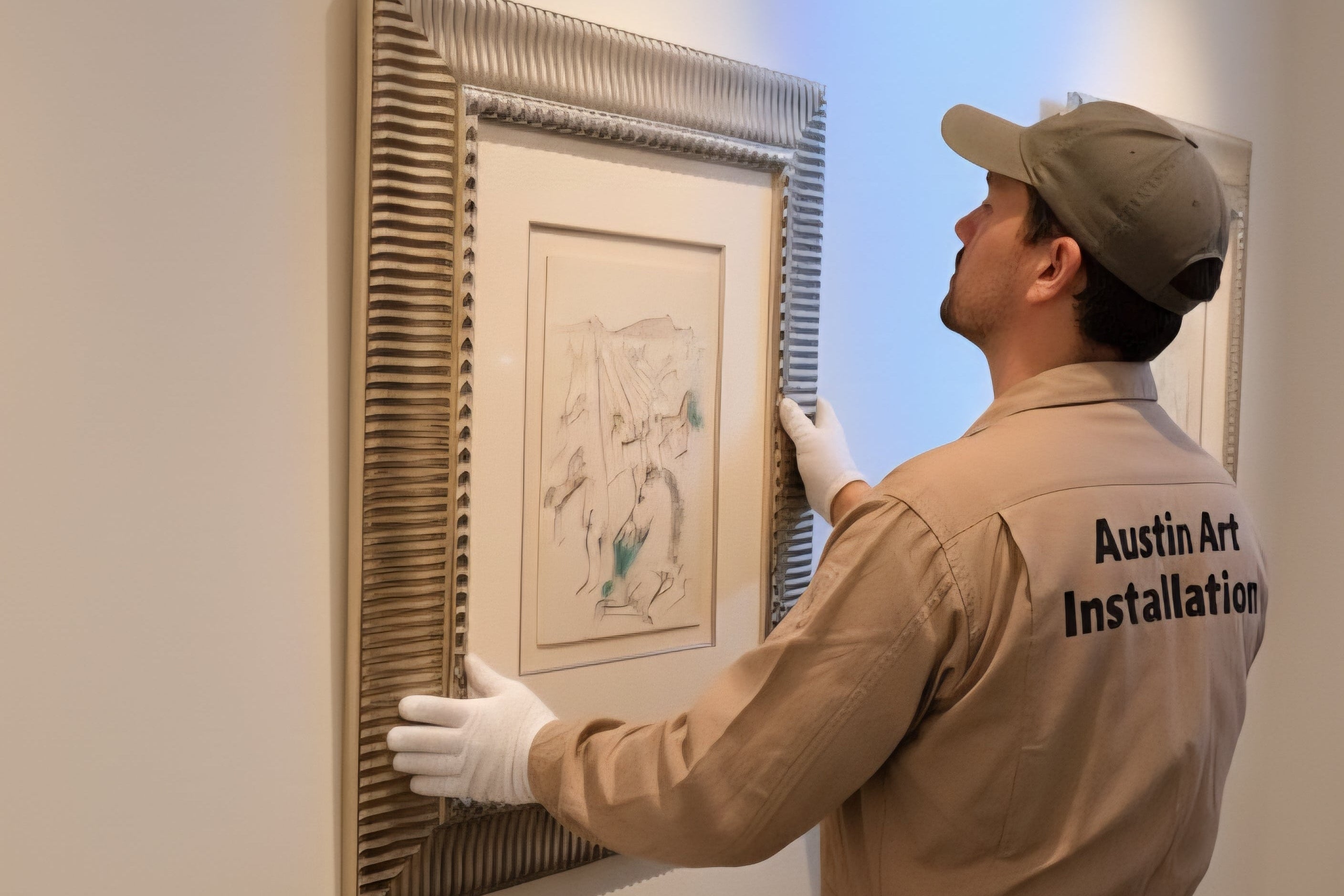 Man in 'Austin Art Installation' uniform hanging a framed artwork on a wall.